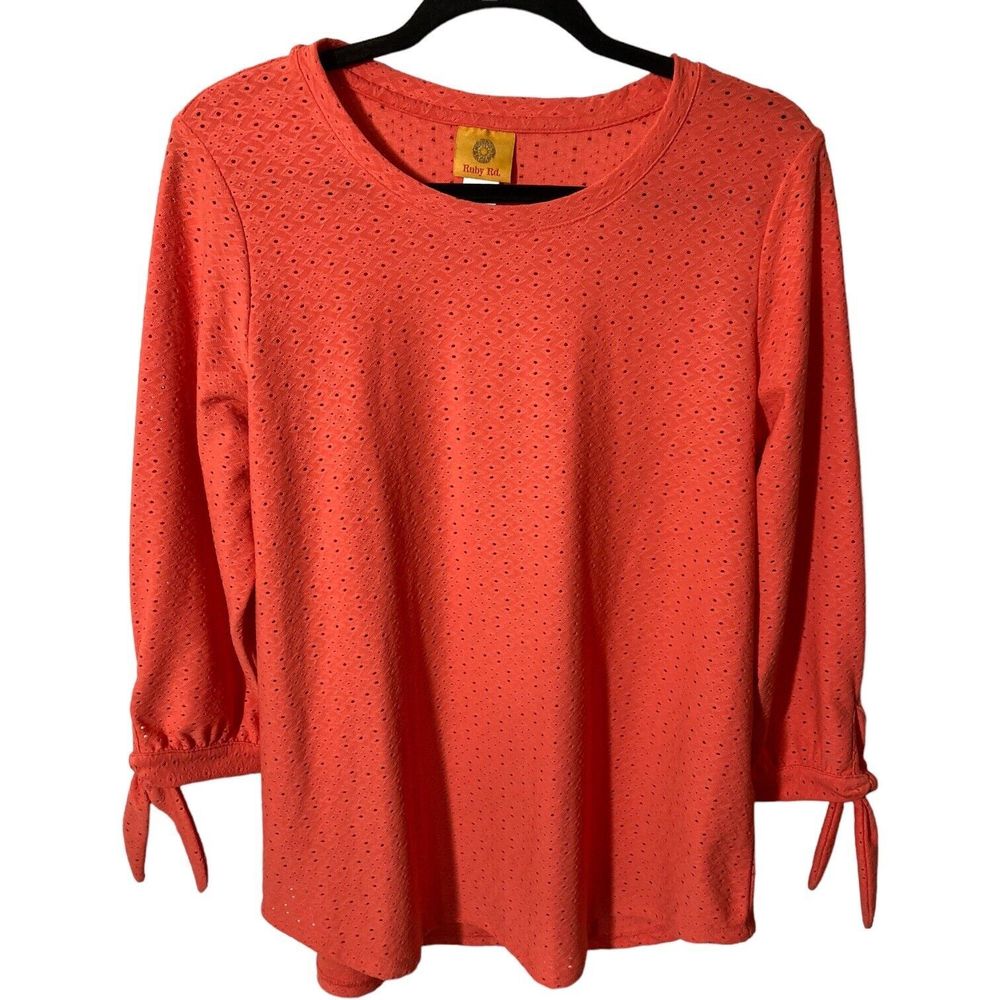 Ruby Rd. Womens Medium Salmon Pointelle Top 3/4 Tie Sleeve EUC